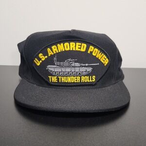 Vintage Military Tank Hat Black Adjustable Snapback US Armored Power Thunder USA